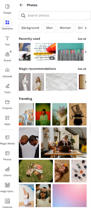 Canva's photo search feature helps find high-quality images for your graphic design tips.